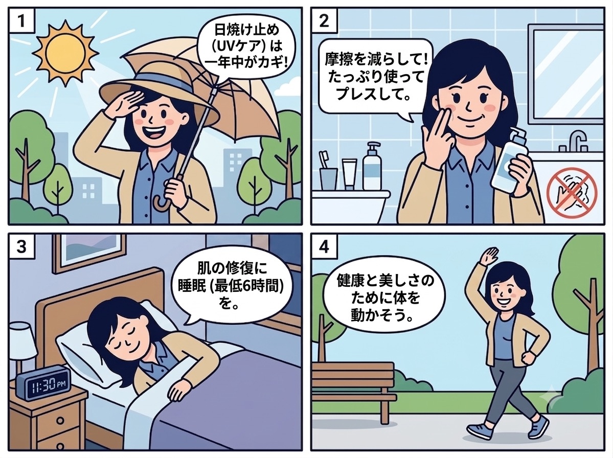 シミ対策の無料でできる土台4つ：一年中の日焼け止め、摩擦を減らすスキンケア、6時間以上の睡眠、体を動かす習慣を描いた4コマイラスト