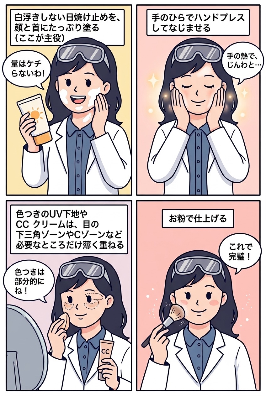 バケジョの日焼け止めの塗り方4コマ：①白浮きしない日焼け止めを顔と首にたっぷり塗る（量はケチらない）②手のひらでハンドプレスしてなじませる③色つきのUV下地やCCクリームは、目の下三角ゾーンやCゾーンなど必要なところだけ薄く重ねる④お粉で仕上げる